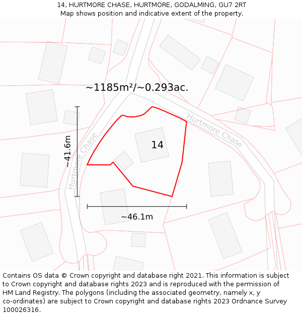 14, HURTMORE CHASE, HURTMORE, GODALMING, GU7 2RT: Plot and title map