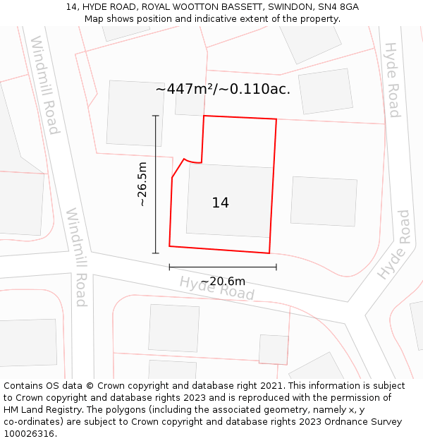 14, HYDE ROAD, ROYAL WOOTTON BASSETT, SWINDON, SN4 8GA: Plot and title map
