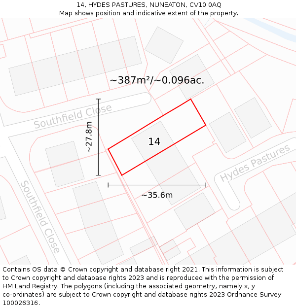 14, HYDES PASTURES, NUNEATON, CV10 0AQ: Plot and title map
