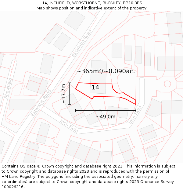 14, INCHFIELD, WORSTHORNE, BURNLEY, BB10 3PS: Plot and title map
