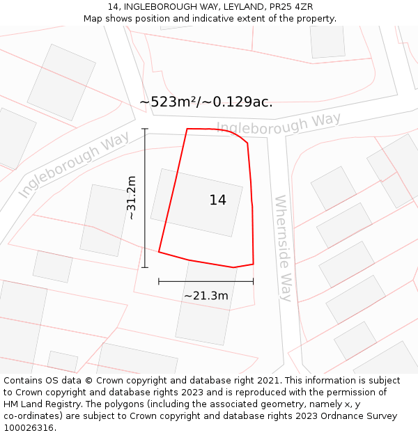 14, INGLEBOROUGH WAY, LEYLAND, PR25 4ZR: Plot and title map