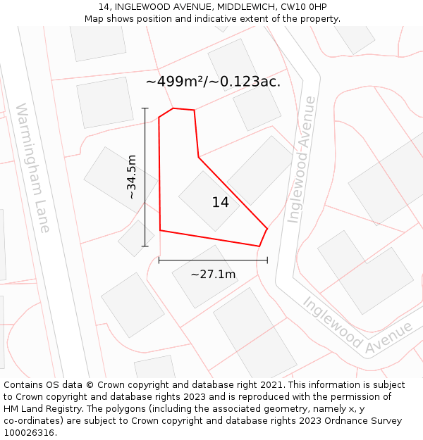 14, INGLEWOOD AVENUE, MIDDLEWICH, CW10 0HP: Plot and title map