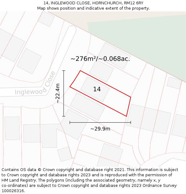 14, INGLEWOOD CLOSE, HORNCHURCH, RM12 6RY: Plot and title map
