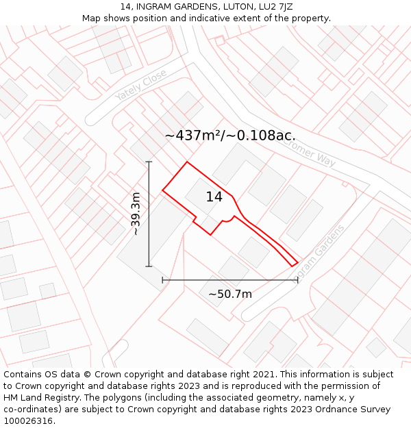 14, INGRAM GARDENS, LUTON, LU2 7JZ: Plot and title map