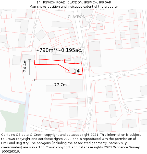 14, IPSWICH ROAD, CLAYDON, IPSWICH, IP6 0AR: Plot and title map