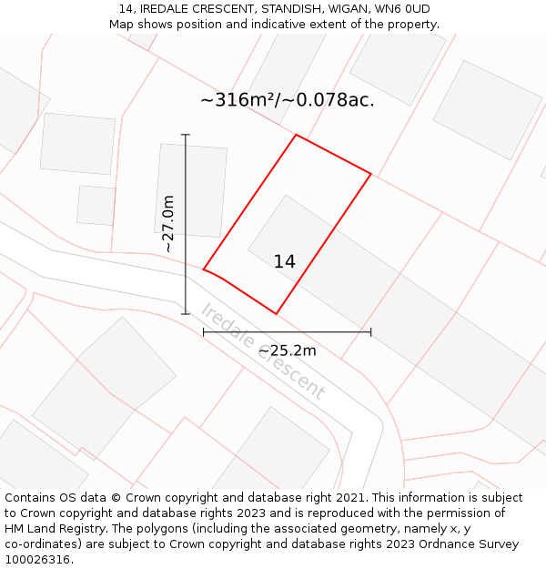 14, IREDALE CRESCENT, STANDISH, WIGAN, WN6 0UD: Plot and title map