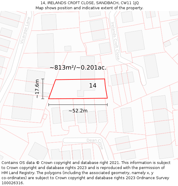 14, IRELANDS CROFT CLOSE, SANDBACH, CW11 1JQ: Plot and title map
