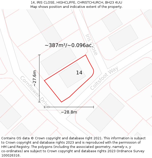 14, IRIS CLOSE, HIGHCLIFFE, CHRISTCHURCH, BH23 4UU: Plot and title map