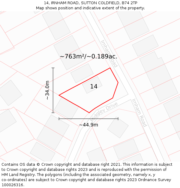 14, IRNHAM ROAD, SUTTON COLDFIELD, B74 2TP: Plot and title map