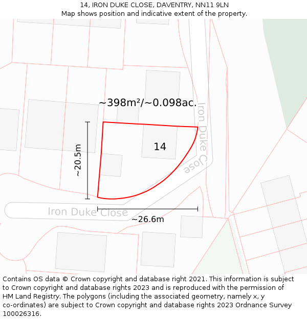 14, IRON DUKE CLOSE, DAVENTRY, NN11 9LN: Plot and title map