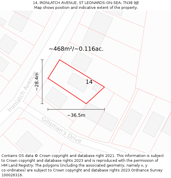 14, IRONLATCH AVENUE, ST LEONARDS-ON-SEA, TN38 9JE: Plot and title map
