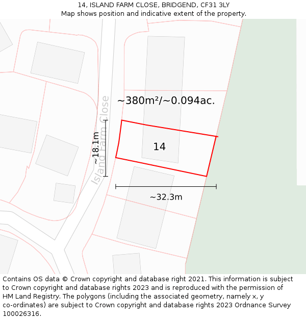 14, ISLAND FARM CLOSE, BRIDGEND, CF31 3LY: Plot and title map