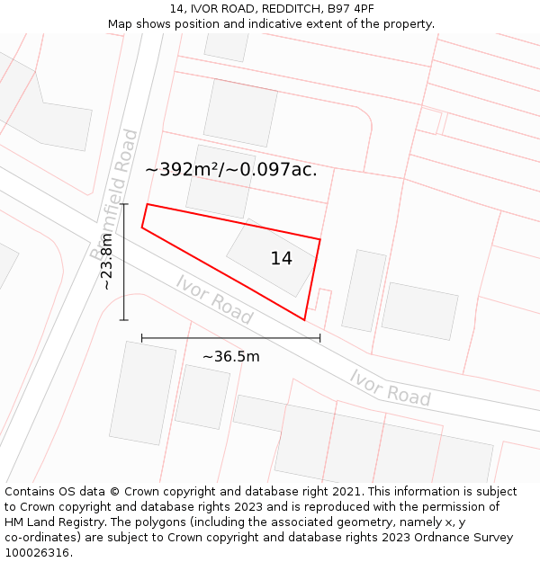 14, IVOR ROAD, REDDITCH, B97 4PF: Plot and title map