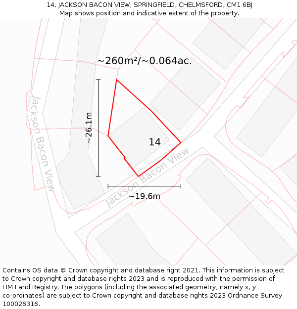14, JACKSON BACON VIEW, SPRINGFIELD, CHELMSFORD, CM1 6BJ: Plot and title map