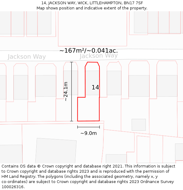 14, JACKSON WAY, WICK, LITTLEHAMPTON, BN17 7SF: Plot and title map