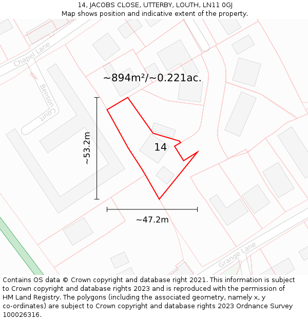 14, JACOBS CLOSE, UTTERBY, LOUTH, LN11 0GJ: Plot and title map
