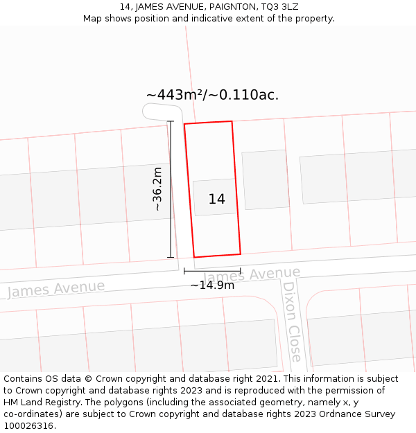 14, JAMES AVENUE, PAIGNTON, TQ3 3LZ: Plot and title map