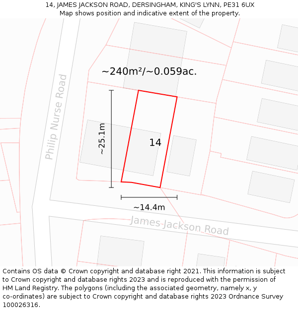 14, JAMES JACKSON ROAD, DERSINGHAM, KING'S LYNN, PE31 6UX: Plot and title map