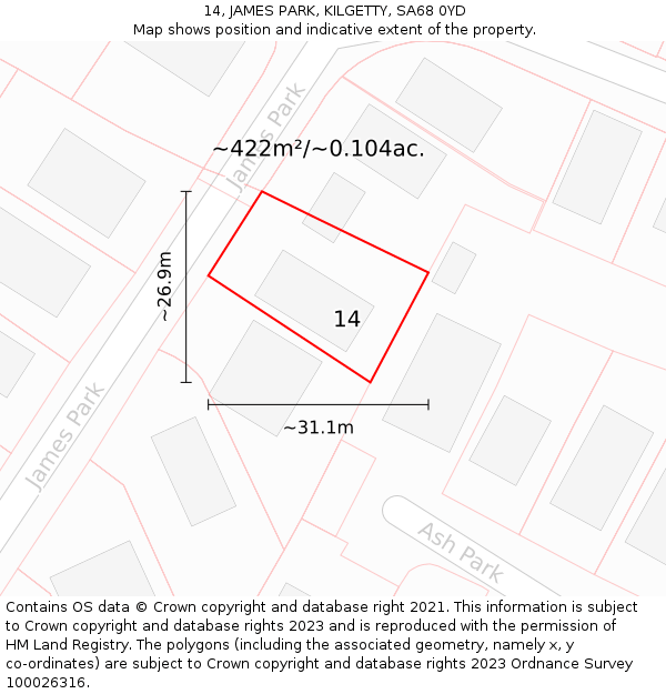 14, JAMES PARK, KILGETTY, SA68 0YD: Plot and title map