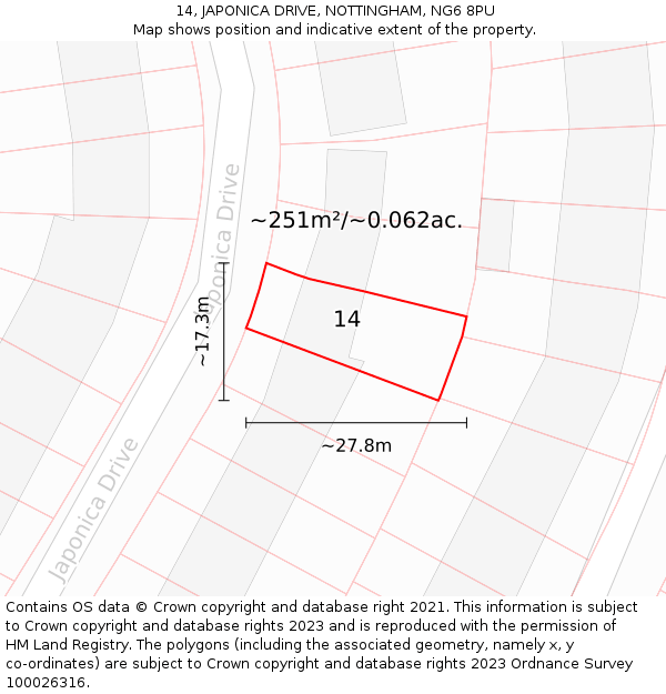 14, JAPONICA DRIVE, NOTTINGHAM, NG6 8PU: Plot and title map