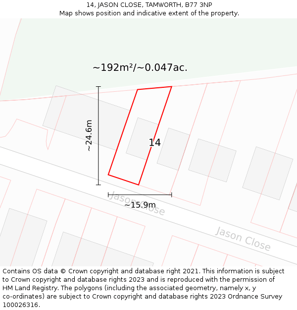 14, JASON CLOSE, TAMWORTH, B77 3NP: Plot and title map