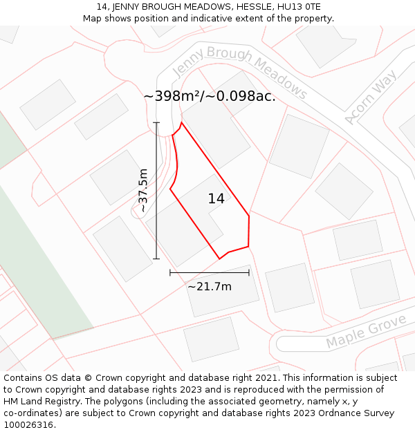 14, JENNY BROUGH MEADOWS, HESSLE, HU13 0TE: Plot and title map
