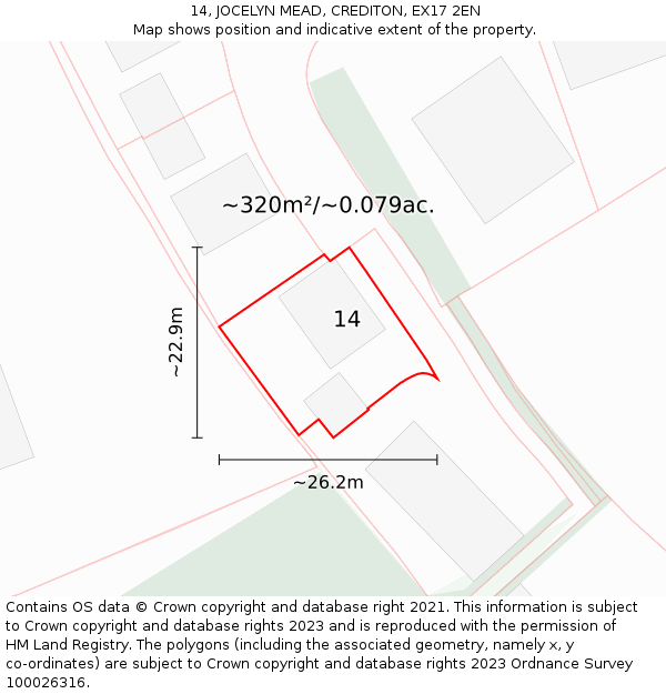 14, JOCELYN MEAD, CREDITON, EX17 2EN: Plot and title map