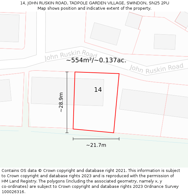 14, JOHN RUSKIN ROAD, TADPOLE GARDEN VILLAGE, SWINDON, SN25 2PU: Plot and title map