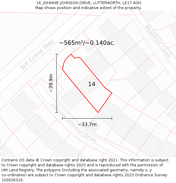 14, JOHNNIE JOHNSON DRIVE, LUTTERWORTH, LE17 4GN: Plot and title map