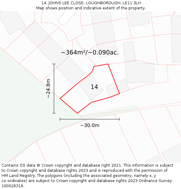 14, JOHNS LEE CLOSE, LOUGHBOROUGH, LE11 3LH: Plot and title map