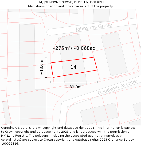 14, JOHNSONS GROVE, OLDBURY, B68 0DU: Plot and title map