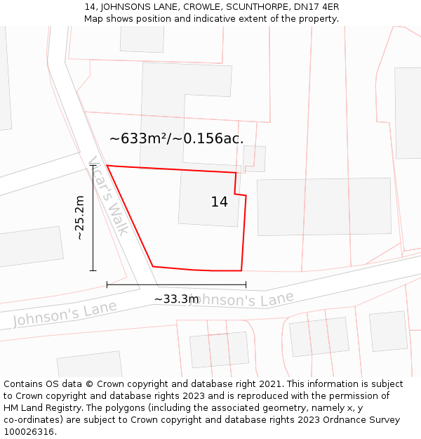 14, JOHNSONS LANE, CROWLE, SCUNTHORPE, DN17 4ER: Plot and title map
