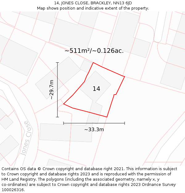 14, JONES CLOSE, BRACKLEY, NN13 6JD: Plot and title map
