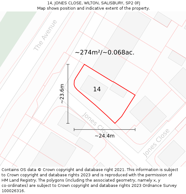 14, JONES CLOSE, WILTON, SALISBURY, SP2 0FJ: Plot and title map