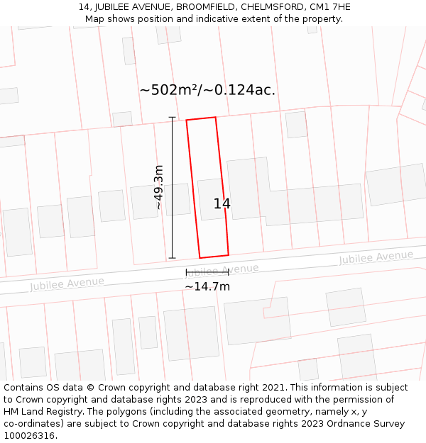 14, JUBILEE AVENUE, BROOMFIELD, CHELMSFORD, CM1 7HE: Plot and title map