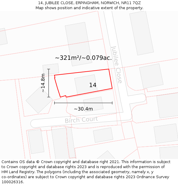 14, JUBILEE CLOSE, ERPINGHAM, NORWICH, NR11 7QZ: Plot and title map