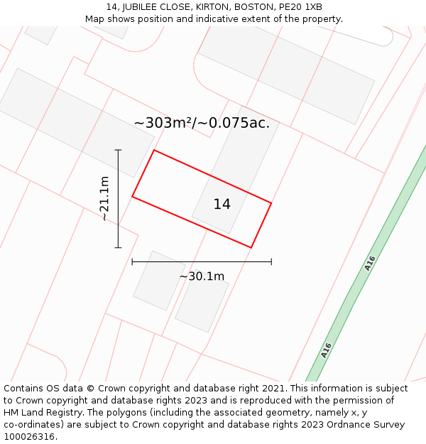 14, JUBILEE CLOSE, KIRTON, BOSTON, PE20 1XB: Plot and title map