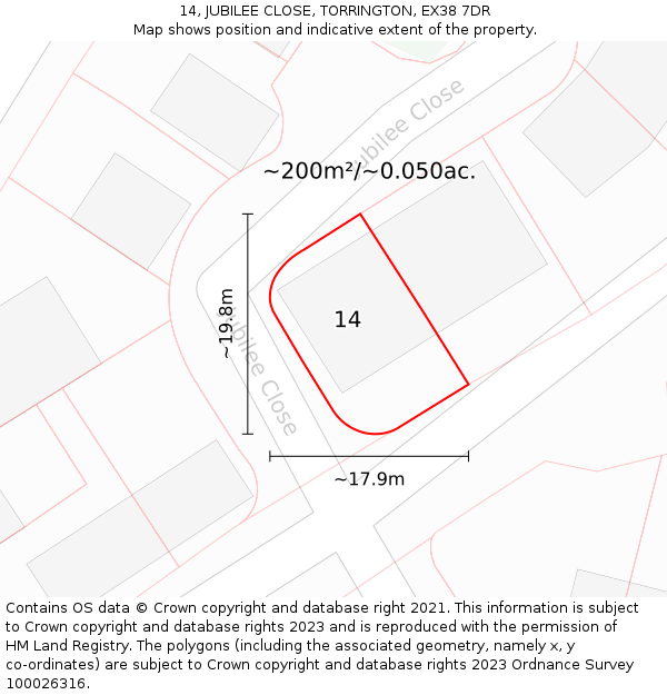 14, JUBILEE CLOSE, TORRINGTON, EX38 7DR: Plot and title map