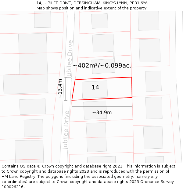 14, JUBILEE DRIVE, DERSINGHAM, KING'S LYNN, PE31 6YA: Plot and title map