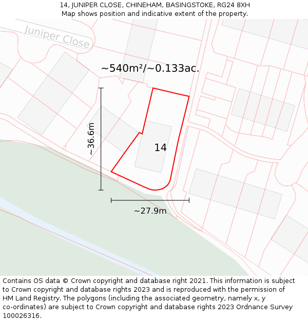 14, JUNIPER CLOSE, CHINEHAM, BASINGSTOKE, RG24 8XH: Plot and title map