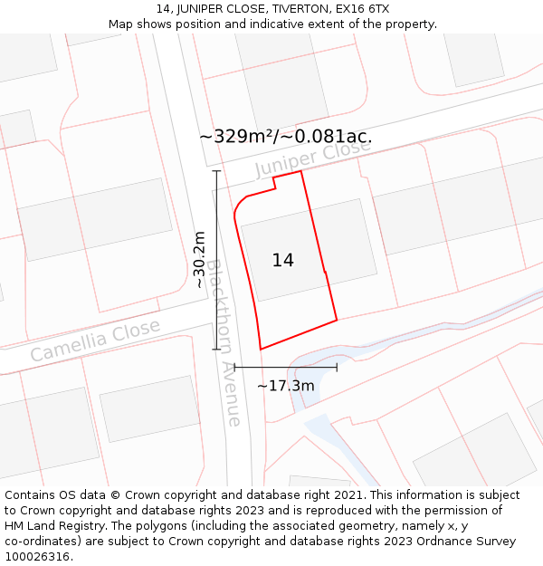14, JUNIPER CLOSE, TIVERTON, EX16 6TX: Plot and title map