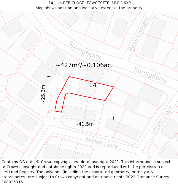 14, JUNIPER CLOSE, TOWCESTER, NN12 6XP: Plot and title map