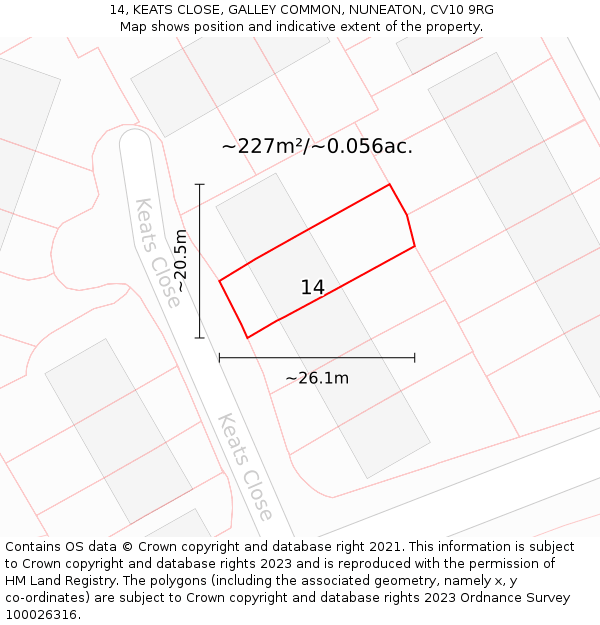 14, KEATS CLOSE, GALLEY COMMON, NUNEATON, CV10 9RG: Plot and title map