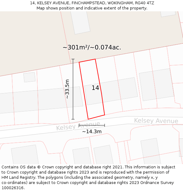 14, KELSEY AVENUE, FINCHAMPSTEAD, WOKINGHAM, RG40 4TZ: Plot and title map