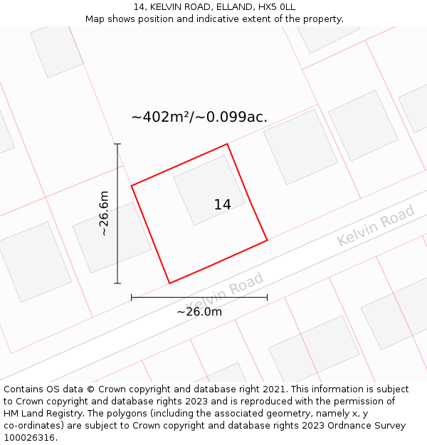 14, KELVIN ROAD, ELLAND, HX5 0LL: Plot and title map