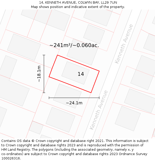 14, KENNETH AVENUE, COLWYN BAY, LL29 7UN: Plot and title map
