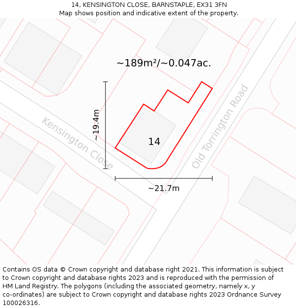 14, KENSINGTON CLOSE, BARNSTAPLE, EX31 3FN: Plot and title map