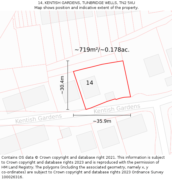 14, KENTISH GARDENS, TUNBRIDGE WELLS, TN2 5XU: Plot and title map