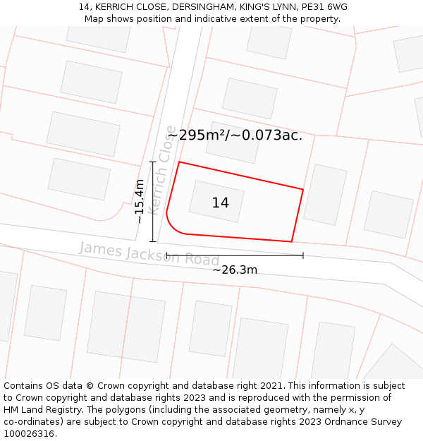 14, KERRICH CLOSE, DERSINGHAM, KING'S LYNN, PE31 6WG: Plot and title map