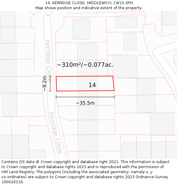 14, KERRIDGE CLOSE, MIDDLEWICH, CW10 0PN: Plot and title map
